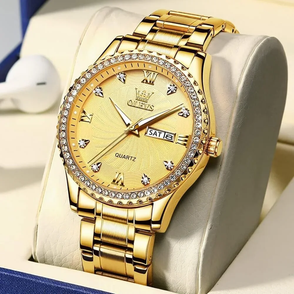 Olevs Men's Gold Steel Golden-Dial Waterproof Stainless Luminous Stylish Watch